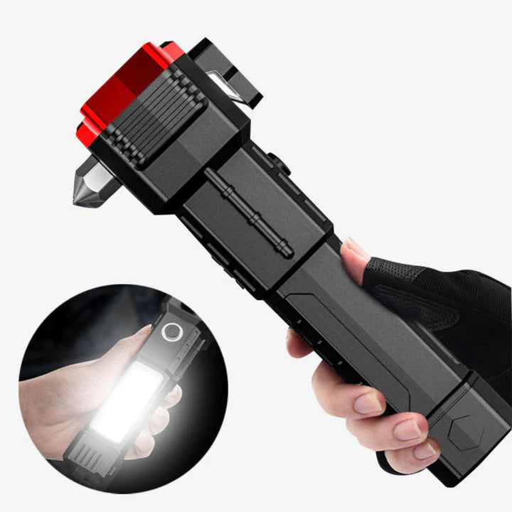 "Linterna LED recargable 4 en 1 con rompe™- vidrios. Alcance 300m, carga USB, 4 modos luz. Ideal emergencias auto y camping.