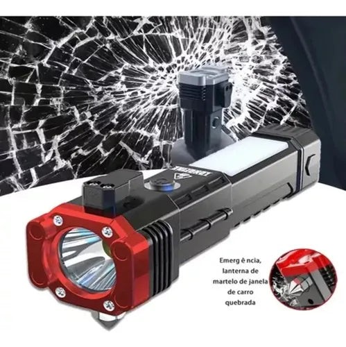 "Linterna LED recargable 4 en 1 con rompe™- vidrios. Alcance 300m, carga USB, 4 modos luz. Ideal emergencias auto y camping.